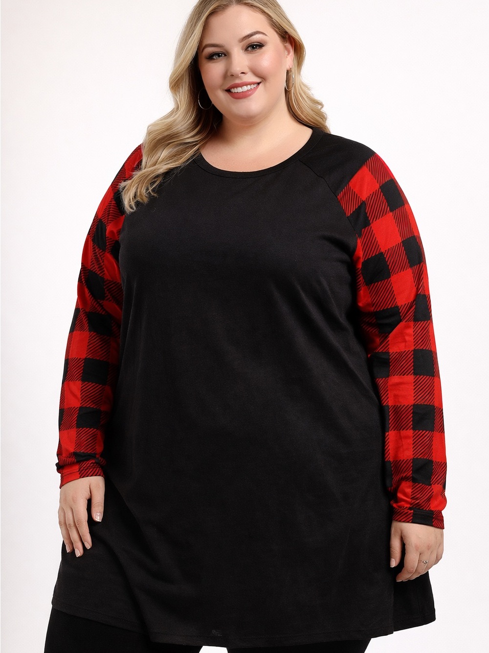 Black Crewneck Sweatshirt with Red Buffalo Check Sleeves